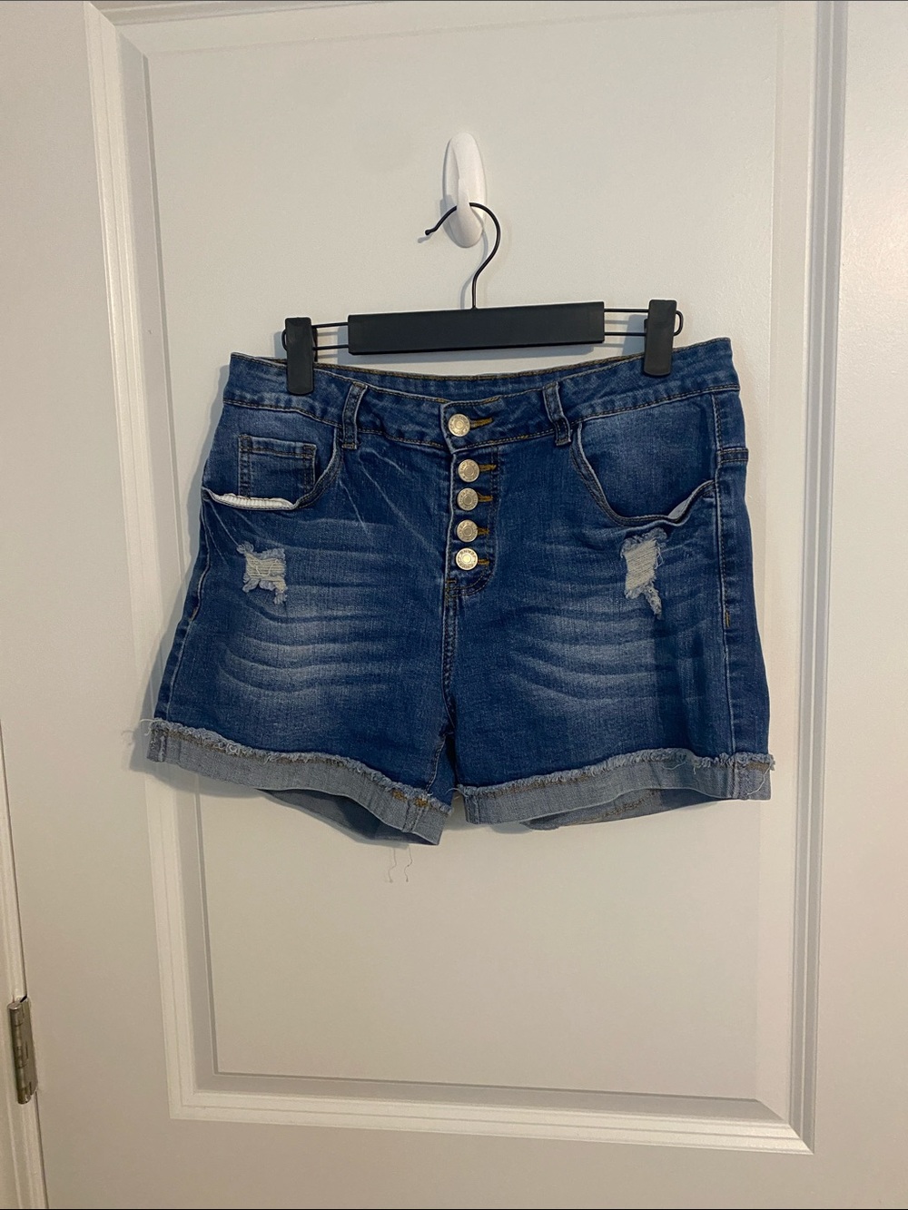 High-Rise Button-Front Distressed Jean Shorts - Blue